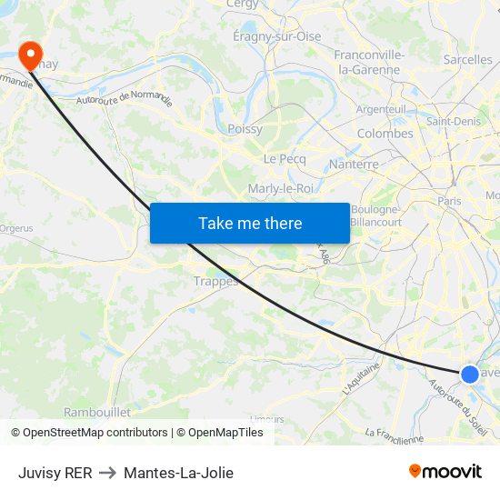 Juvisy RER to Mantes-La-Jolie map