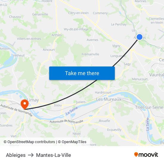 Ableiges to Mantes-La-Ville map