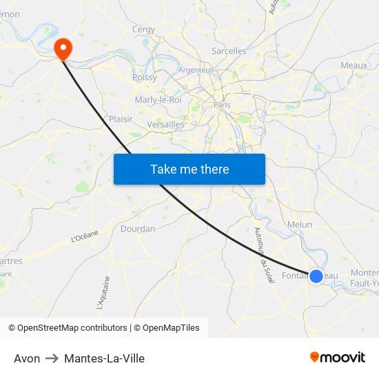 Avon to Mantes-La-Ville map