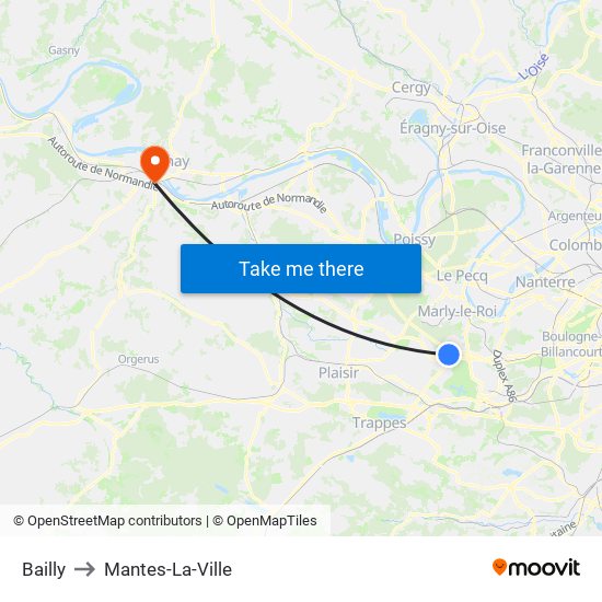 Bailly to Mantes-La-Ville map