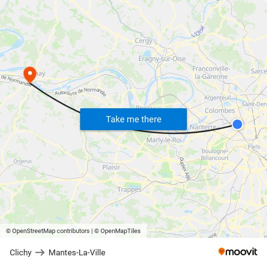 Clichy to Mantes-La-Ville map