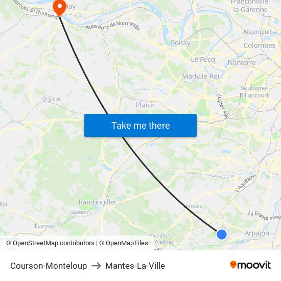 Courson-Monteloup to Mantes-La-Ville map