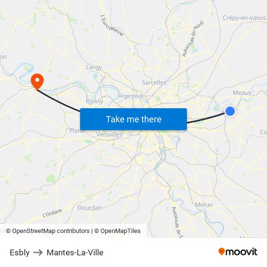 Esbly to Mantes-La-Ville map