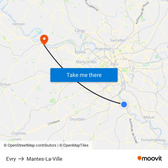 Evry to Mantes-La-Ville map