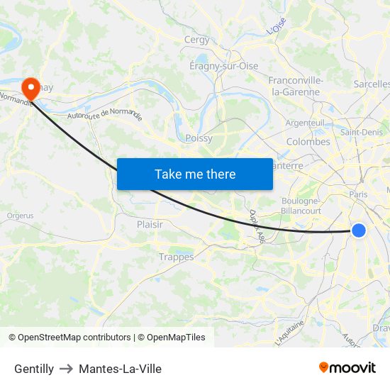 Gentilly to Mantes-La-Ville map