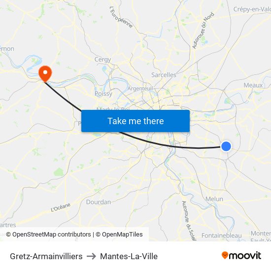 Gretz-Armainvilliers to Mantes-La-Ville map