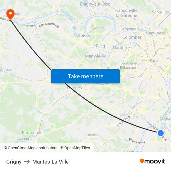 Grigny to Mantes-La-Ville map