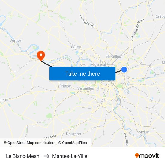 Le Blanc-Mesnil to Mantes-La-Ville map