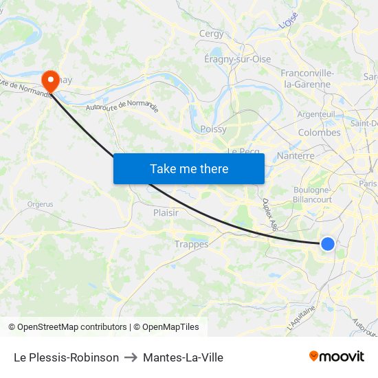 Le Plessis-Robinson to Mantes-La-Ville map