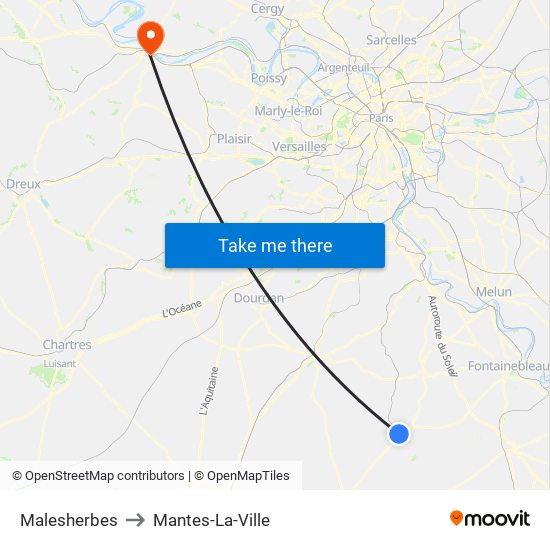 Malesherbes to Mantes-La-Ville map