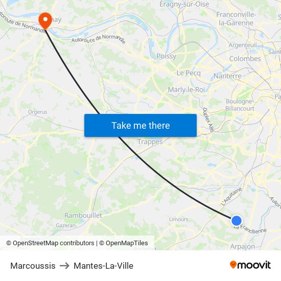 Marcoussis to Mantes-La-Ville map