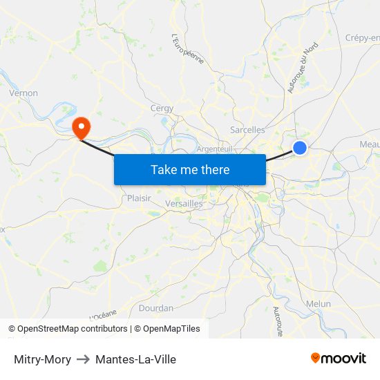 Mitry-Mory to Mantes-La-Ville map