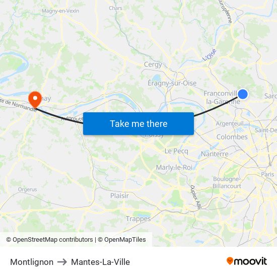 Montlignon to Mantes-La-Ville map