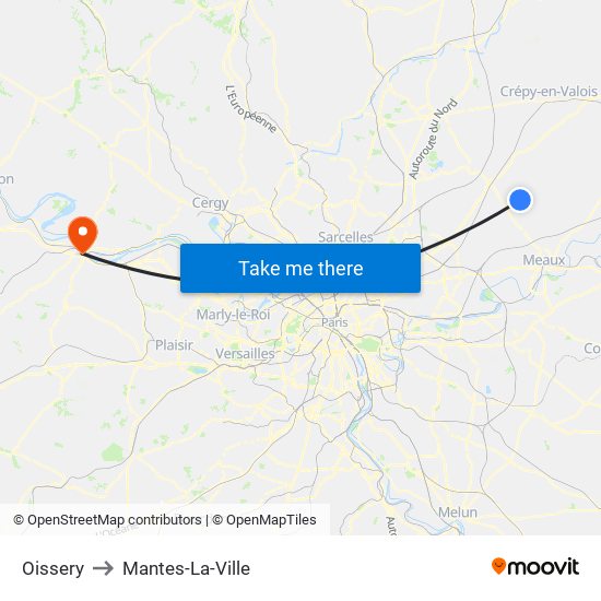 Oissery to Mantes-La-Ville map