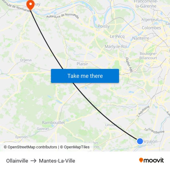 Ollainville to Mantes-La-Ville map