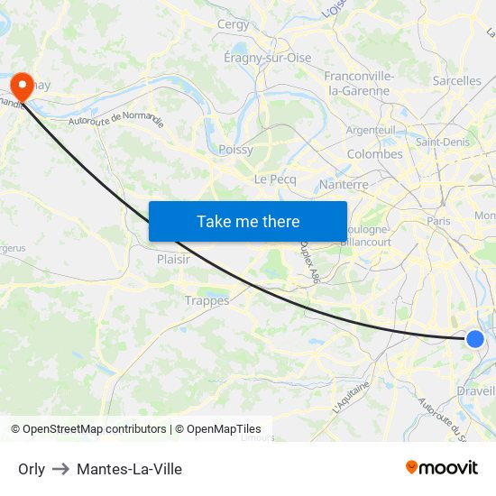 Orly to Mantes-La-Ville map