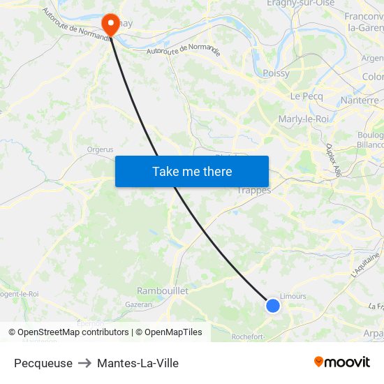Pecqueuse to Mantes-La-Ville map