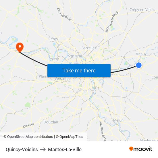 Quincy-Voisins to Mantes-La-Ville map