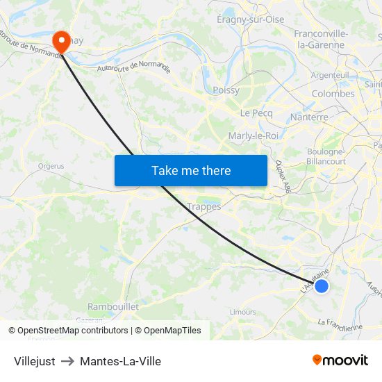 Villejust to Mantes-La-Ville map