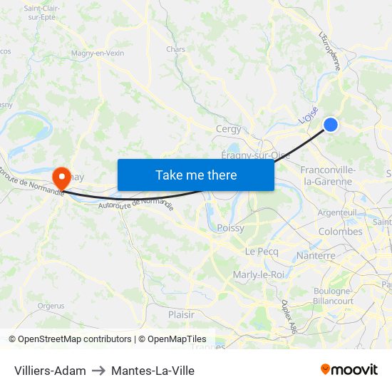 Villiers-Adam to Mantes-La-Ville map