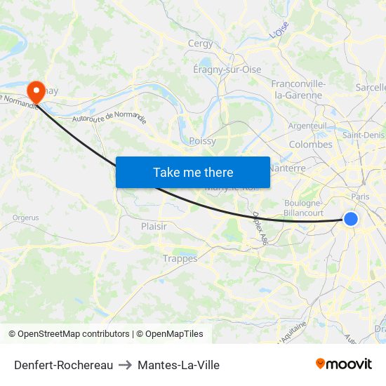 Denfert-Rochereau to Mantes-La-Ville map