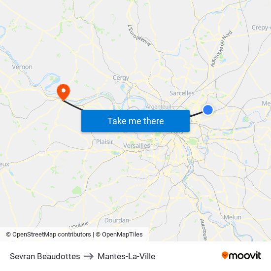 Sevran Beaudottes to Mantes-La-Ville map