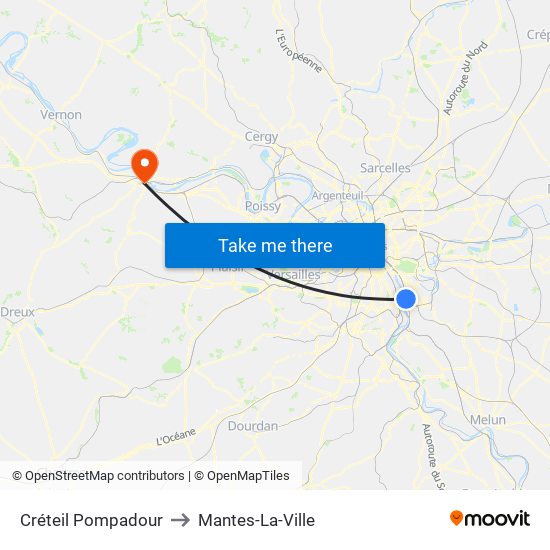 Créteil Pompadour to Mantes-La-Ville map