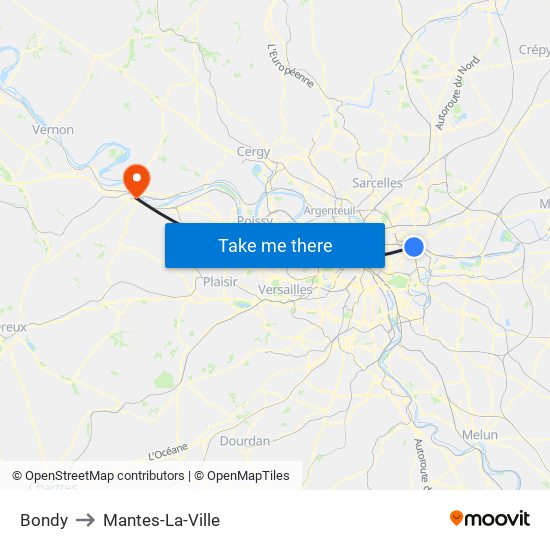 Bondy to Mantes-La-Ville map
