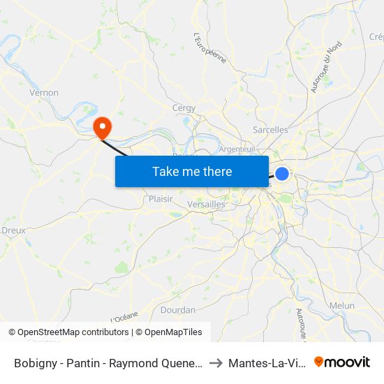 Bobigny - Pantin - Raymond Queneau to Mantes-La-Ville map