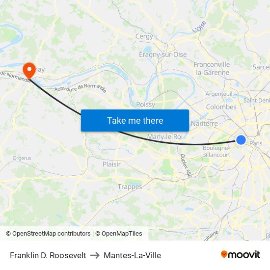 Franklin D. Roosevelt to Mantes-La-Ville map