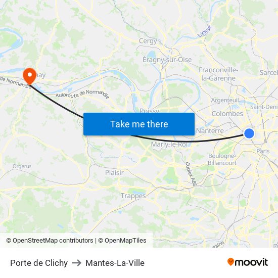 Porte de Clichy to Mantes-La-Ville map