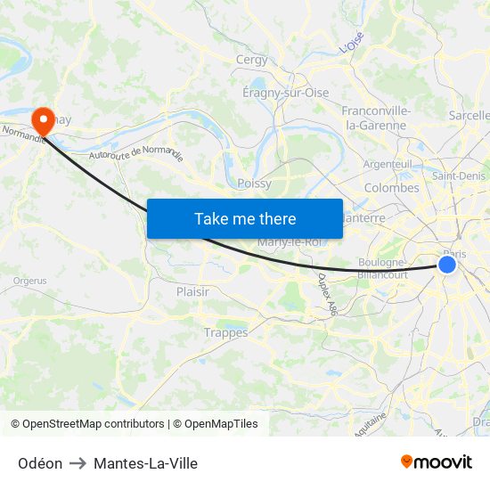 Odéon to Mantes-La-Ville map