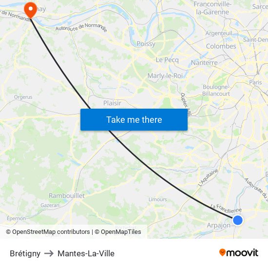 Brétigny to Mantes-La-Ville map
