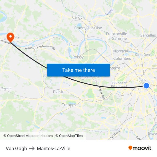 Van Gogh to Mantes-La-Ville map