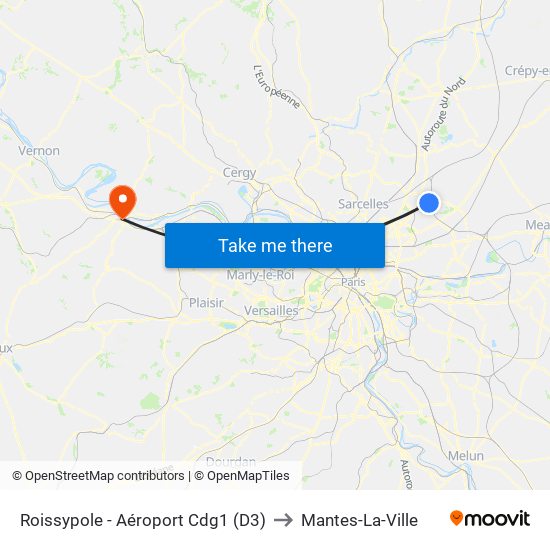 Roissypole - Aéroport Cdg1 (D3) to Mantes-La-Ville map