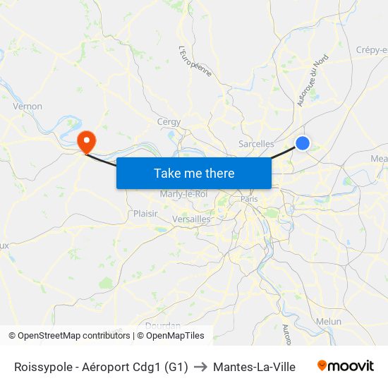 Roissypole - Aéroport Cdg1 (G1) to Mantes-La-Ville map