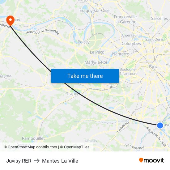 Juvisy RER to Mantes-La-Ville map