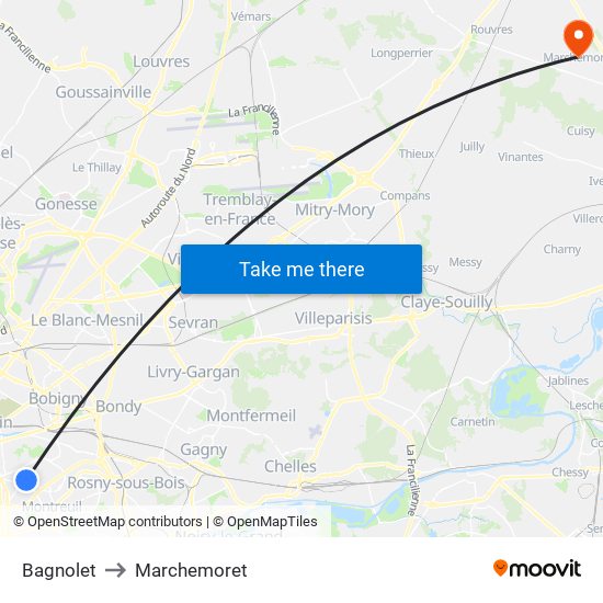 Bagnolet to Marchemoret map