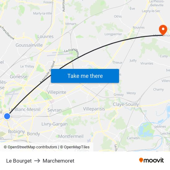 Le Bourget to Marchemoret map
