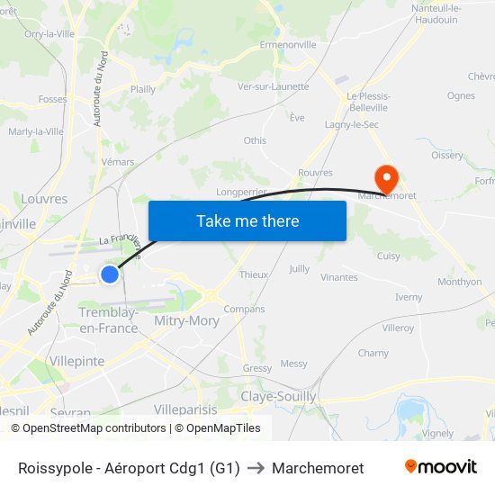 Roissypole - Aéroport Cdg1 (G1) to Marchemoret map