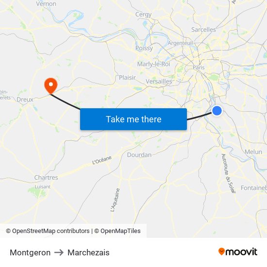 Montgeron to Marchezais map