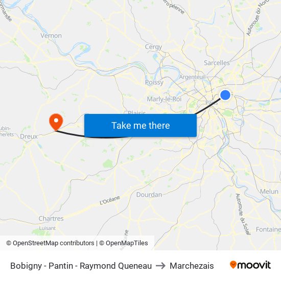 Bobigny - Pantin - Raymond Queneau to Marchezais map