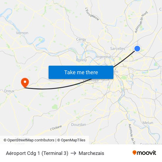 Aéroport Cdg 1 (Terminal 3) to Marchezais map