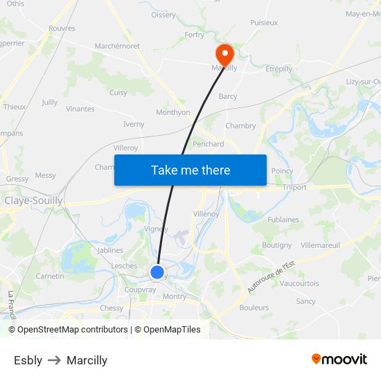 Esbly to Marcilly map