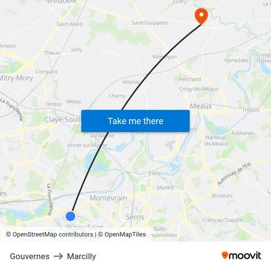 Gouvernes to Marcilly map