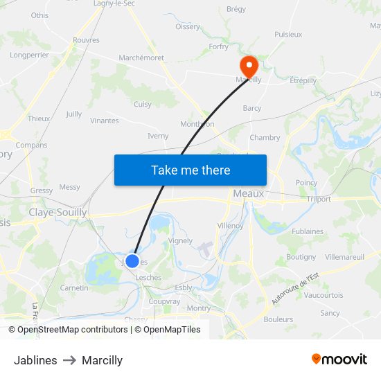 Jablines to Marcilly map