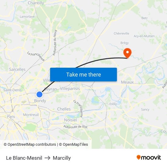 Le Blanc-Mesnil to Marcilly map