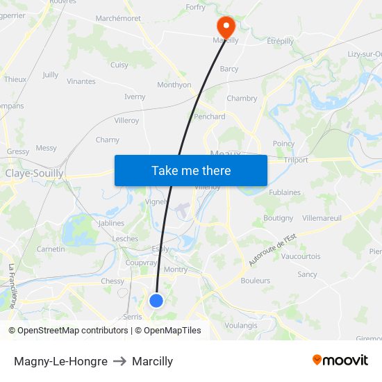 Magny-Le-Hongre to Marcilly map