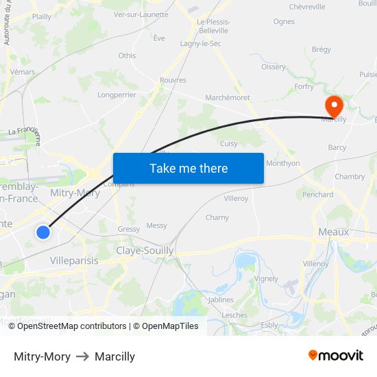 Mitry-Mory to Marcilly map