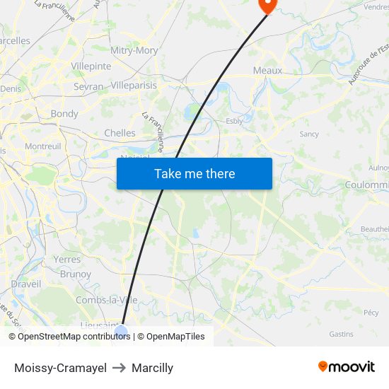 Moissy-Cramayel to Marcilly map
